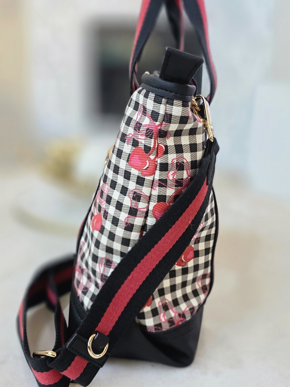 Betsey Johnson Luv Betsey LBADDIE Cherry Gingham Tote Bag Crossbody Black White - Picture 4 of 11